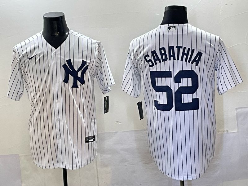Men New York Yankees #52 Sabathia White Stripe Nike MLB 2025 Jersey 01